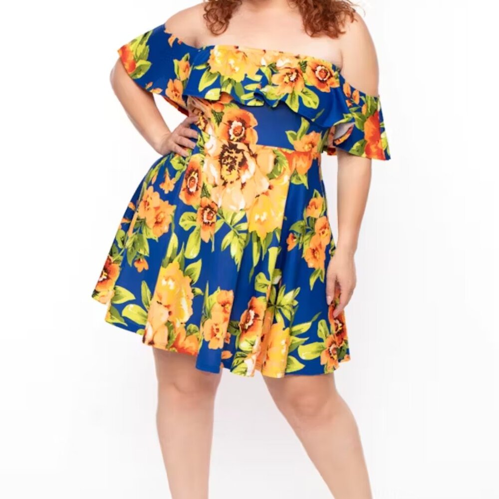 Strapless/Cold Shoulder Tropical Mini Dress